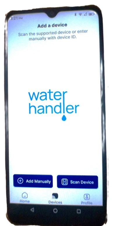 Smartphone screen showing Water Handler app to add a device.