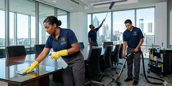 Three janitors cleaning a modern office with city views.