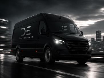 A sleek black delivery van with 'Dumy Express' branding driving at night in the city.