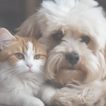 A fluffy white dog and an orange-and-white cat cuddling closely together.