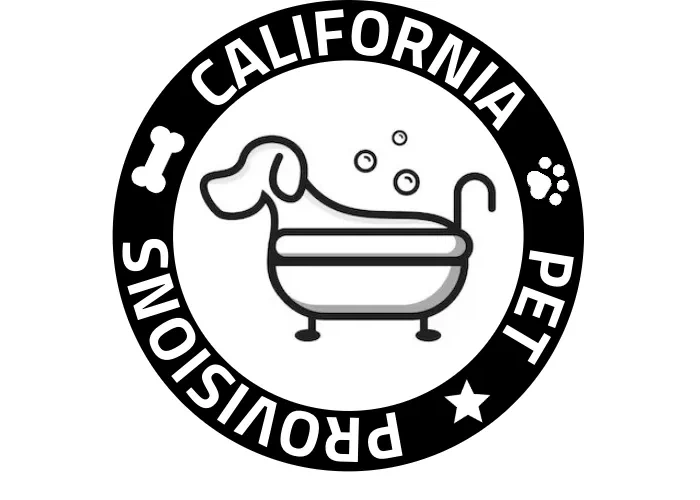 Logo with a dog in a bathtub surrounded by text and pet icons.