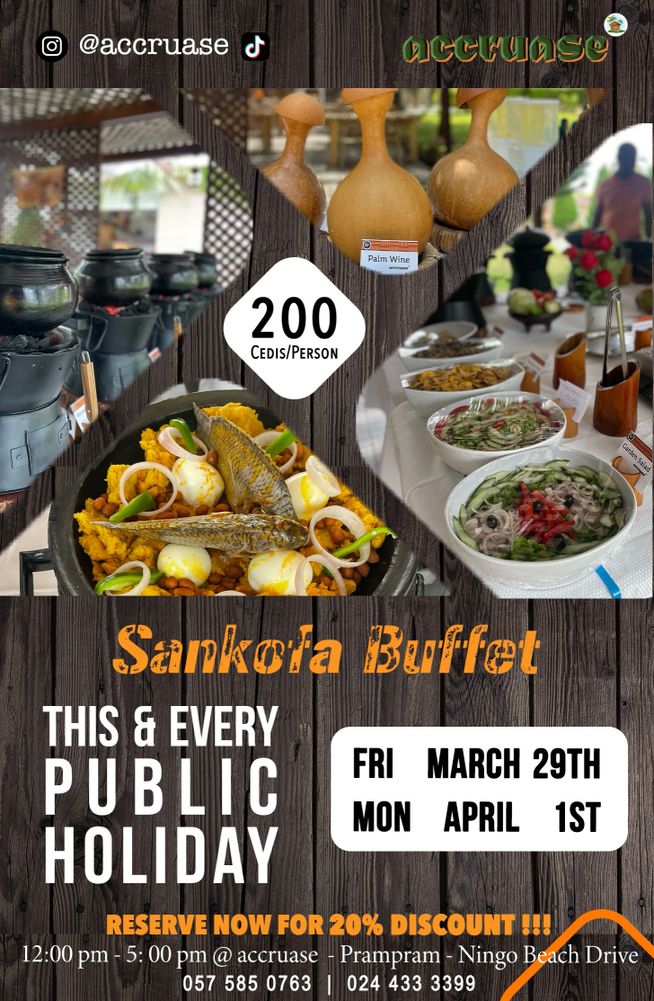 Sankofa Buffet on every Public Holiday. With a 20% discount on all bookings 