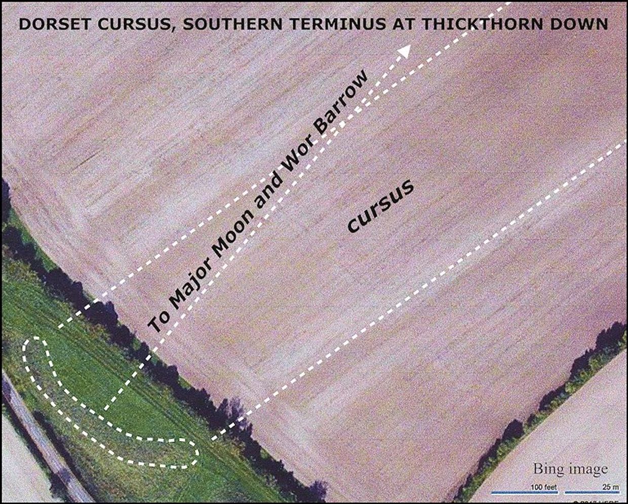 Aerial photo (Bing) of terminal, which aims further north than cursus and at northernmost moonset.