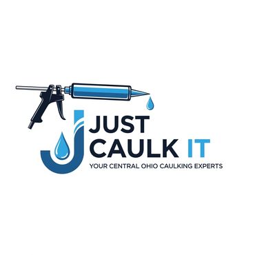 Logo of Just Caulk It with a caulking gun and water drops.