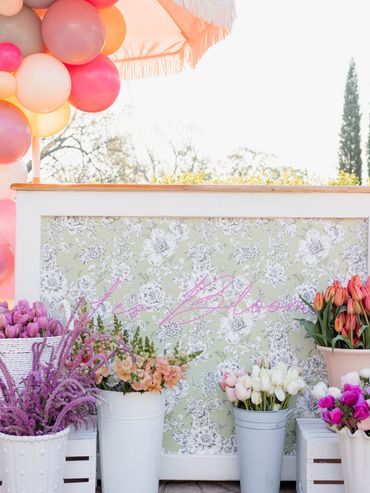 Flower cart set up Philbrook museum spring