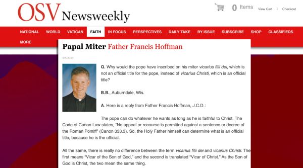 papal miter discussion on OSV