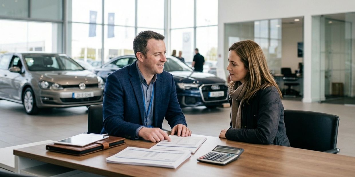 A man and woman discuss paperwork at a car dealership.