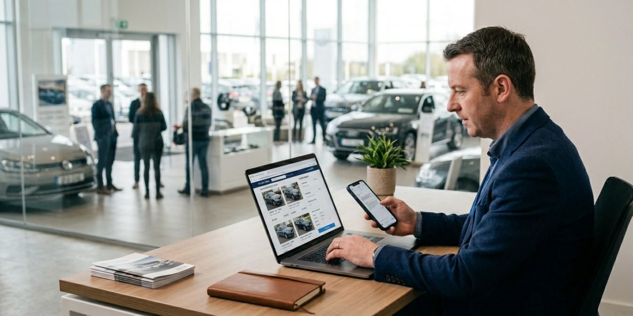 Man browsing car listings on laptop and phone inside a car dealership.