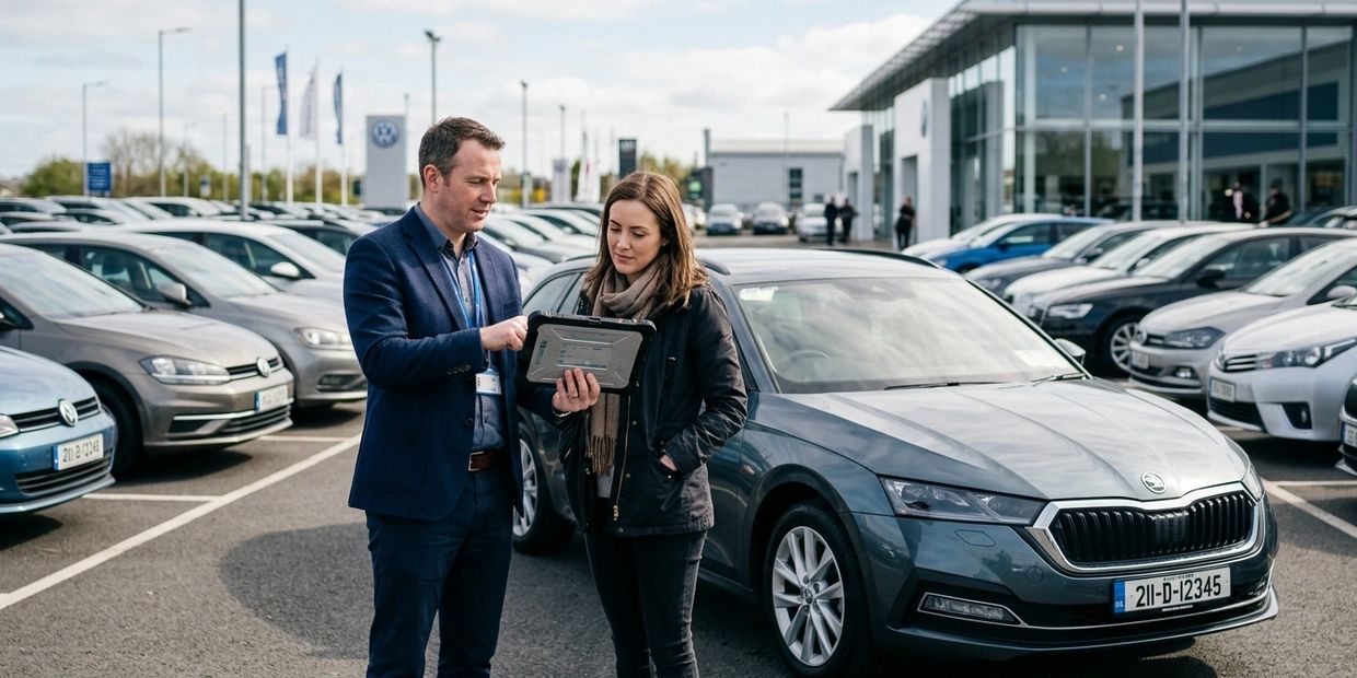 Car salesman showing a woman a tablet at a car dealership lot.