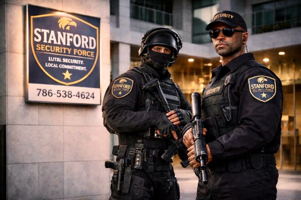 Two armed Stanford Security Force officers in tactical gear stand guard outside a building.