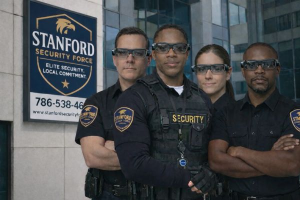 Four diverse security guards standing confidently in front of a Stanford Security Force sign.