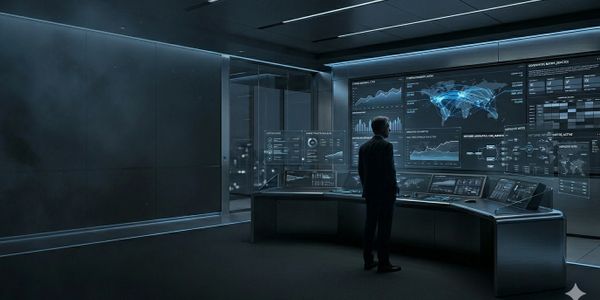 Man in a dark room analyzes global data on futuristic transparent screens.