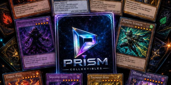 A display of Prism Collectibles trading cards with vibrant designs.