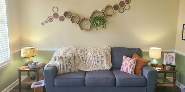 Cozy living room with a blue couch and honeycomb wall shelves.