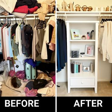 Before and after photos of a closet transformation from cluttered to organized.