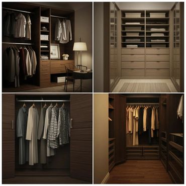 Four elegant walk-in closets with wooden finishes and organized clothing.
