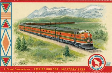 painting of a Great Northern Railway streamliner on a vintage railroad label.
