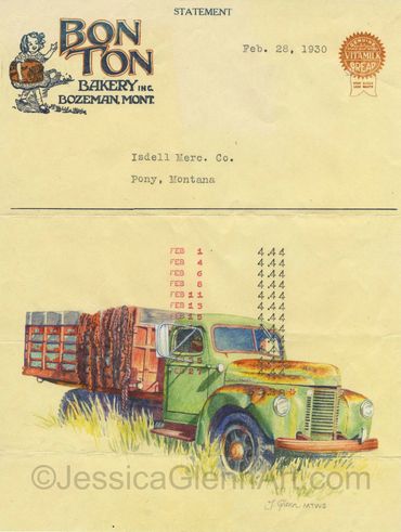 painting of a 1940's international harvester truck on old bakery statement from Bozeman montana