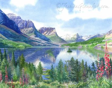 painting of St. Mary Lake and Wild Goose Island with wildflowers in Glacier National Park