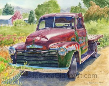painting of a rusty antique chevy truck in a rural setting, old truck art, rusty truck art