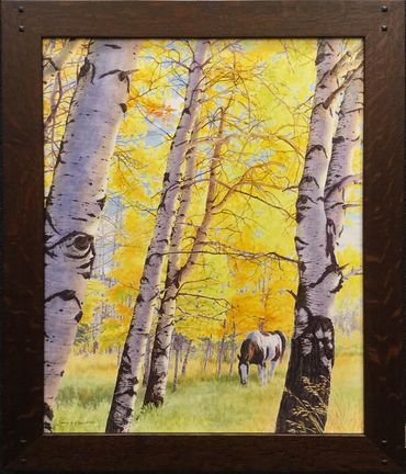 landscape painting of a paint horse in a grove of golden fall aspen trees with tall trunks.
