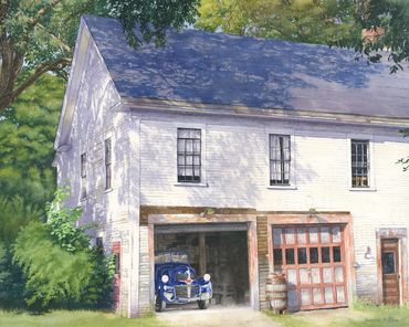 watercolor painting of an old grange hall garage in New England with a blue vintage Dodge truck