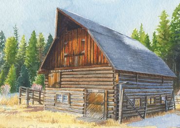 painting of a historic forest service log barn in Fortine Montana, old barn painting