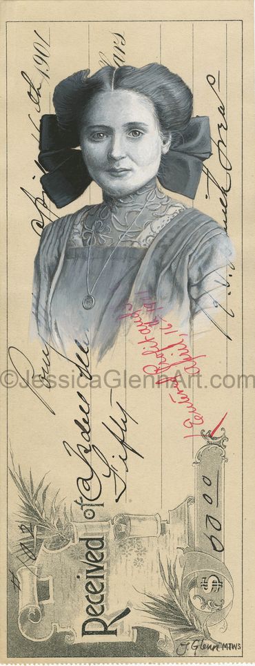 painting of a young woman of the early 1900's with large bows in her hair, old paper ephemera