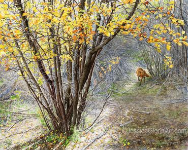 painting of a red fox prowling in a forest landscape with colorful fall vegetation, fox art