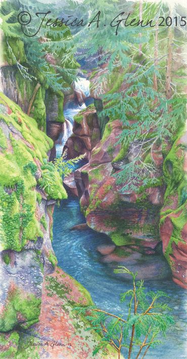 painting of Avalanche Gorge with waterfalls moss cedars boulders in Glacier National Park