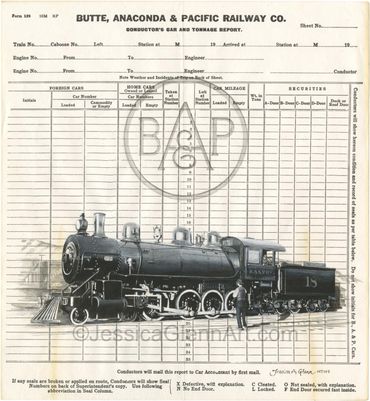 painting of a steam locomotive of the butte anaconda & pacific railroad in Montana, railroad art
