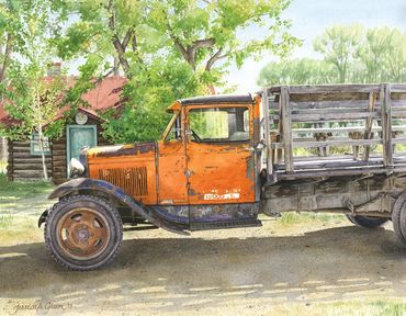 painting of an orange model AA pickup truck at Bannack Ghost Town in Montana, old truck art