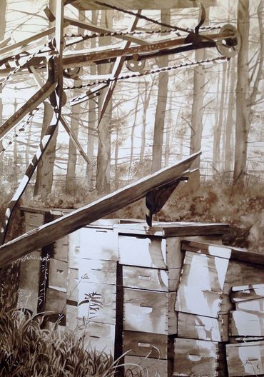 sepia tone painting of a row of bee hives and old farm machinery in a forest