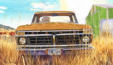 painting of a yellow vintage ford truck in a sunny field in Big Horn County Wyoming