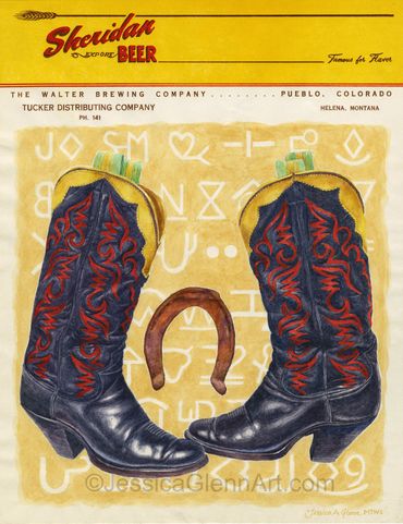 painting of vintage cowboy boots and horseshoe on antique brewery letterhead, breweriana