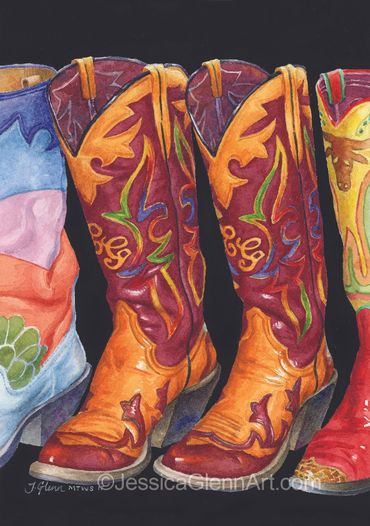 painting of very colorful leather cowboy boots against a black background, cowboy boot art