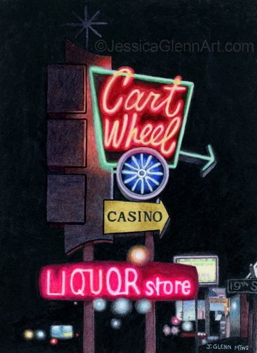 realistic watercolor painting of a retro neon sign in Great Falls montana
