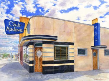 painting of the Art Deco bar "Club Moderne" in Anaconda Montana, historic Montana architecture