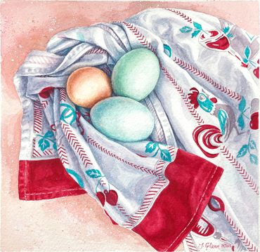 egg artwork, painting of eggs still life, watercolor of eggs and a vintage dishtowel. vintage linens