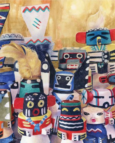 Painting of a grouping of small Native American kachina or katsina dolls. Whimsical carved dolls wit