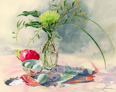 Still life painting of flowers in a vase, dragon fruit, eggs in a bowl on a silk geisha handkerchief