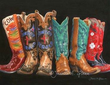 realistic bright watercolor painting of colorful leather cowboy boots against a black background