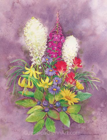 painting of bouquet of wildflowers and huckleberries, Flowers of Glacier Park artwork