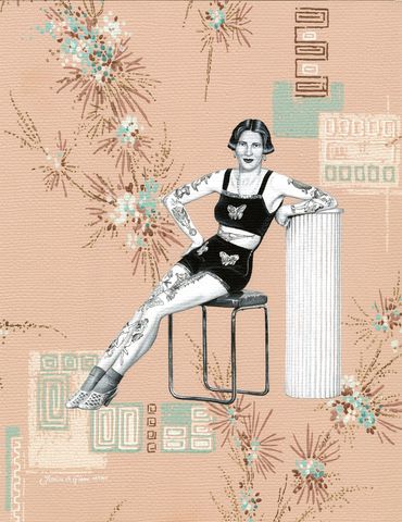 Painting of a woman with lots of tattoos in 1937 on a vintage wallpaper sample.