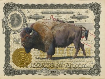 painting of a bison on an antique share from a realty company in Butte Montana, American buffalo art