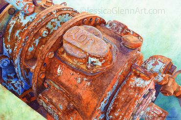 painting of a colorfully rusty piece of mining equipment.