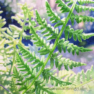 watercolor painting of a close up of green ferns in a forest with brightly lit leaves.