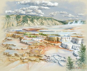 painting of the travertine terraces of Mammoth Hot Springs in Mammoth, Yellowstone National Park.
