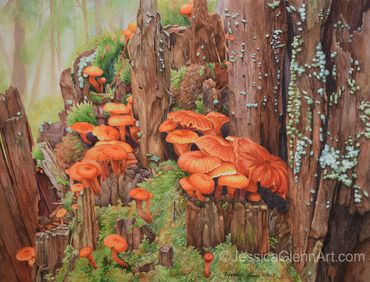 painting of a rotting, mossy stump covered with orange mushrooms.