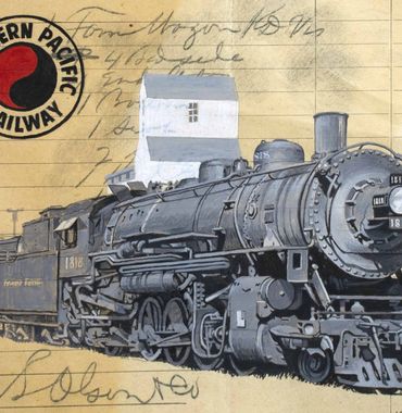 painting of a vintage Northern Pacific steam locomotive on old paper ephemera, railroad art, nprr